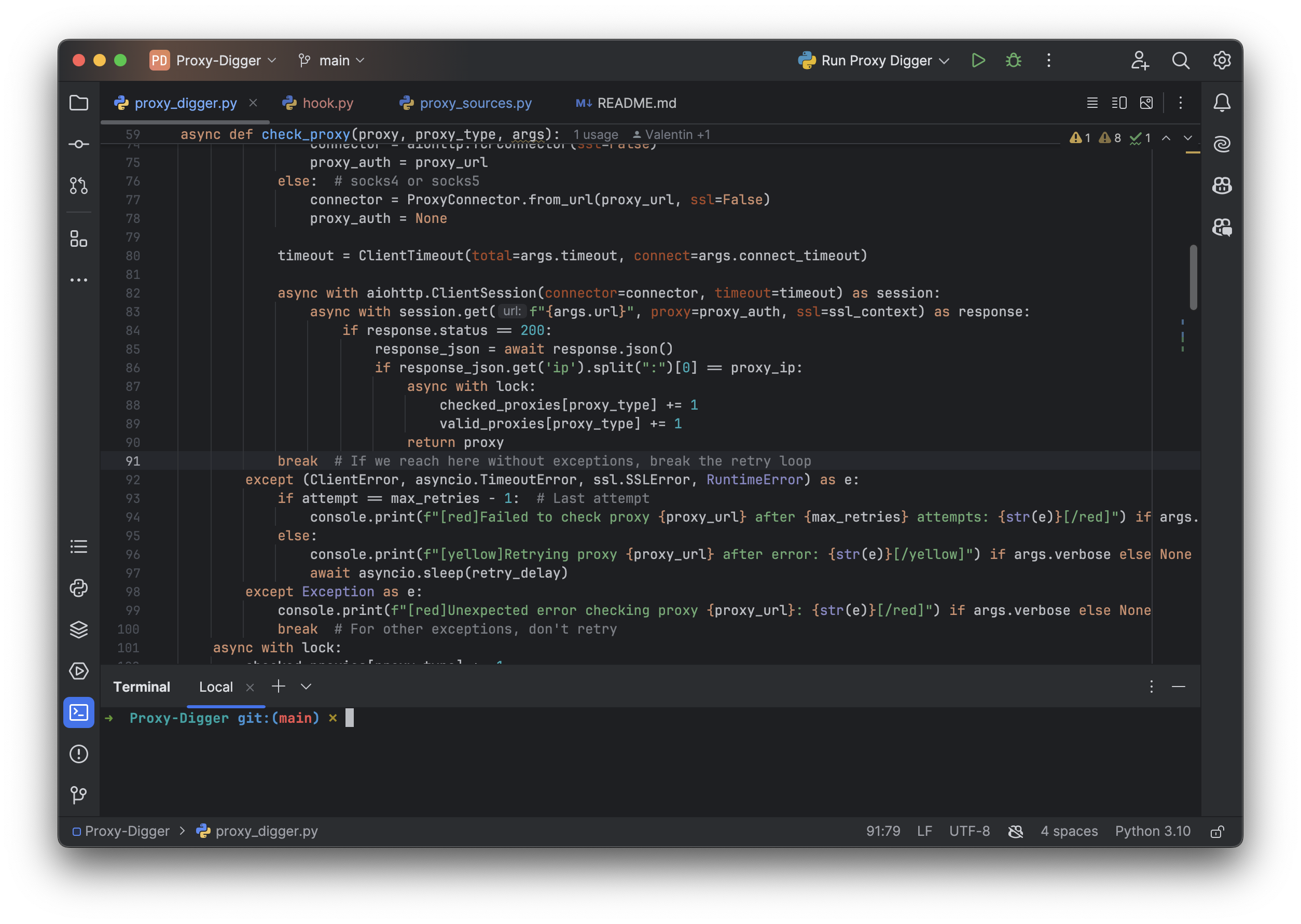 PyCharm CE with Proxy Digger opened PyCharm CE